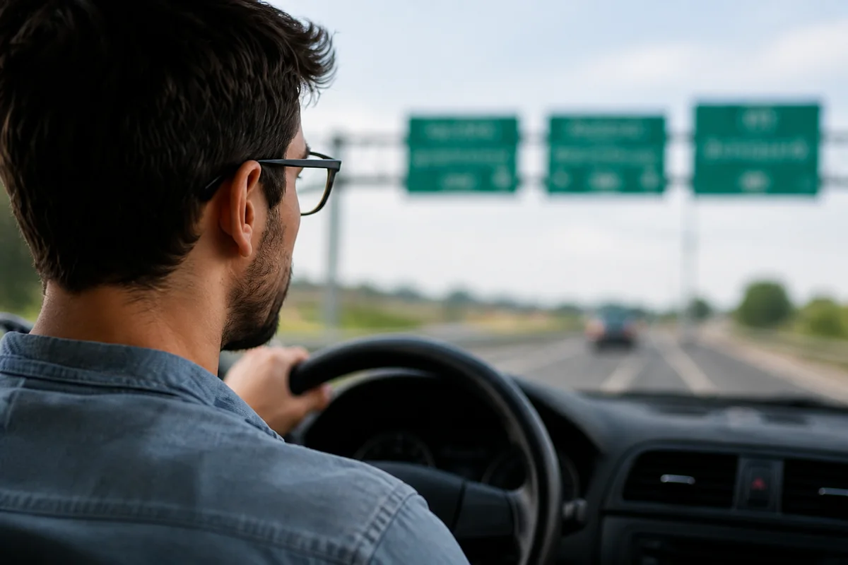 Pessoa com dificuldade para enxergar placas distantes