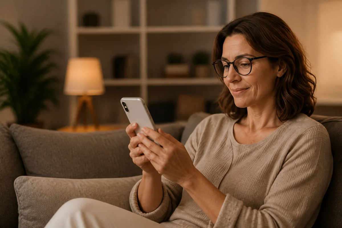 Mulher com mais de quarenta anos lendo o celular