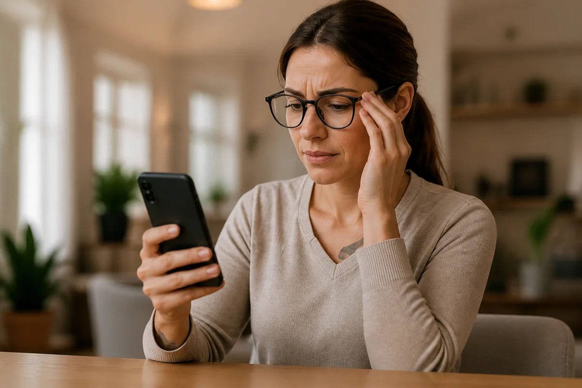 Pessoa sentindo esforço para ler o celular